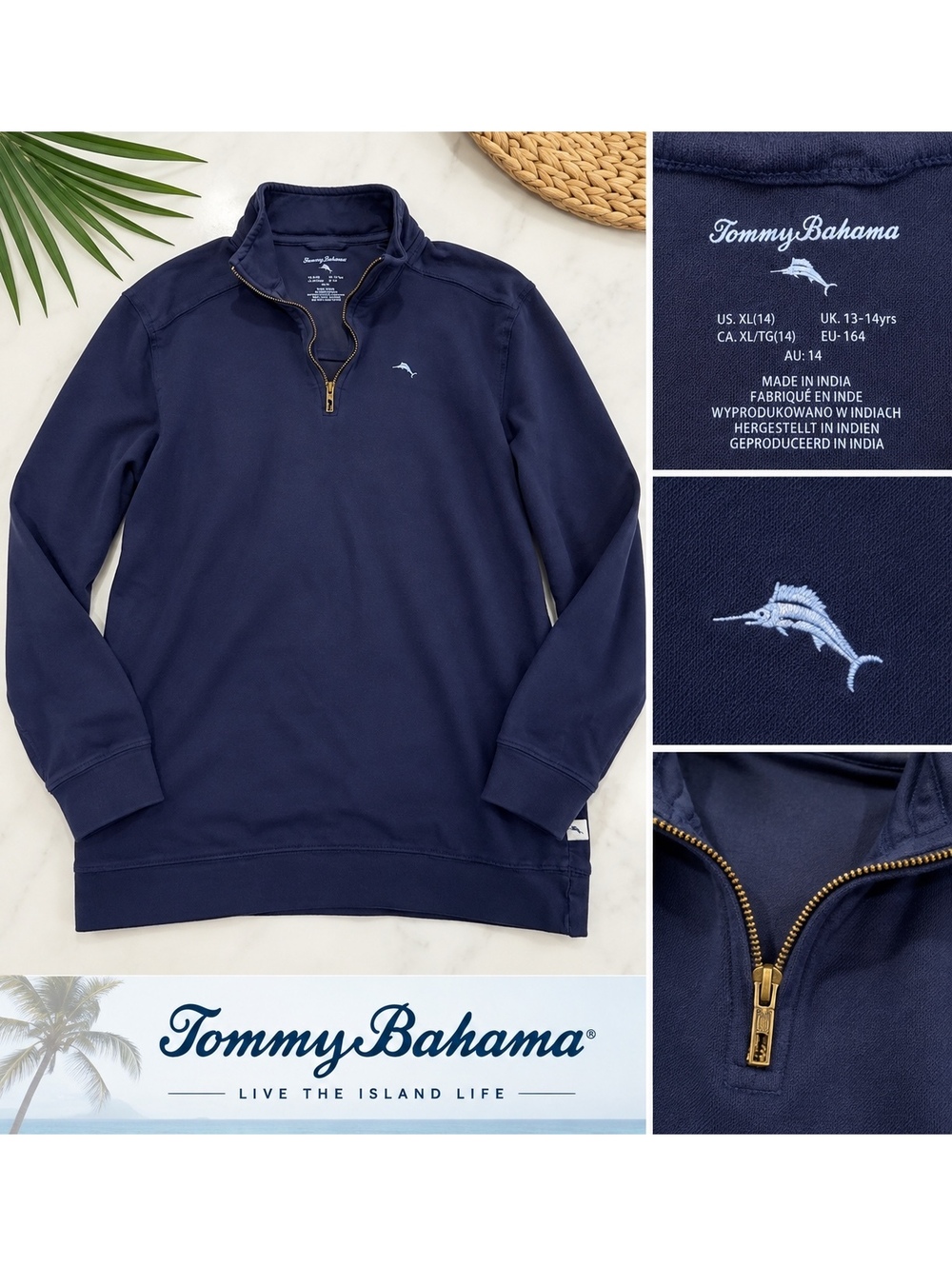 Tommy Bahama Boys XL 14 Navy Blue Quarter Zip Pullover Marlin